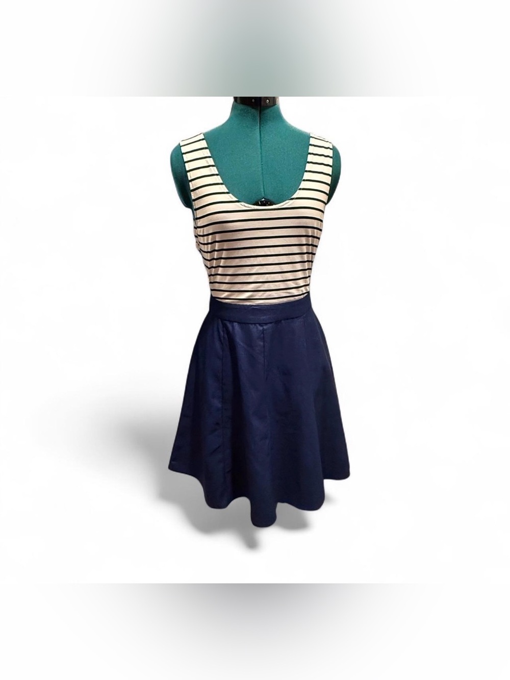 Striped Scoop-Neck Midi Dress in White and Navy